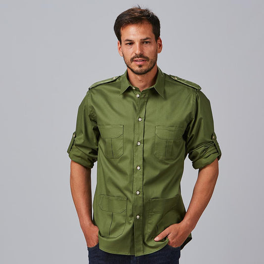 260014-149 - CAMISA UNISEX SLIM FIT MANGA ROLL UP MICHELE VERDE CAQUI